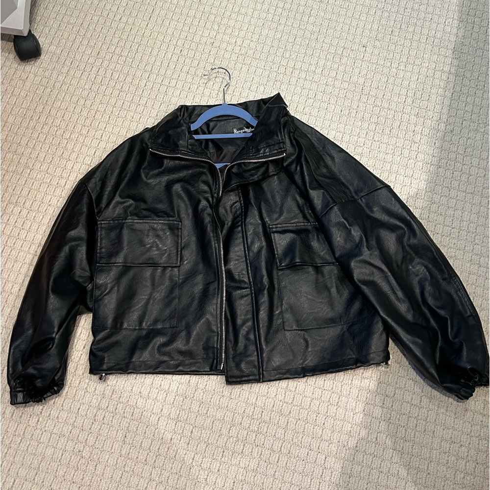 YesStyle Faux Leather Zip Jacket, Black, Size M